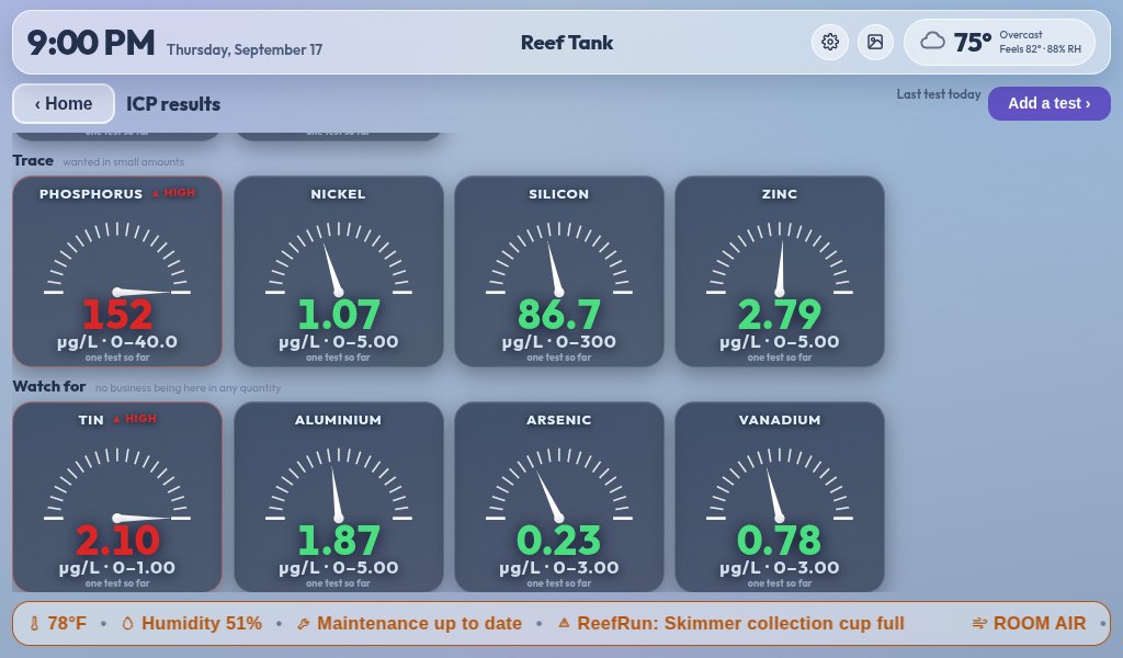 The ICP results screen: dial gauges for trace elements, green in range, red out of range